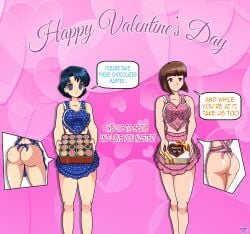 2d 2girls absurdres ami_mizuno apron apron_only ass bare_ass big_ass big_breasts bishoujo_senshi_sailor_moon blue_eyes blue_hair bottomless breasts brown_eyes brown_hair charm_(spell) chocolate color crossover dlobo777 duo english_text fat_ass female female_only femsub full_color happy_trance heart heart_eyes hypnosis multiple_girls nabiki_tendo naked naked_apron naked_female ranma_1/2 sailor_moon_(series) short_hair speech_bubble stepfordization symbol_in_eyes text valentine's_day