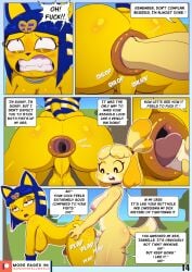 after_anal anal anal_fisting anal_sex animal_crossing ankha ankha_(animal_crossing) anthro anus backsack balls bent_over blue_hair bodily_fluids breasts canid canine canis close-up comic dialogue domestic_cat domestic_dog double_anal double_anal_fisting double_penetration duo faux_gaping felid feline felis fisting from_behind_position futa futanari gaping gaping_anus genital_fluids genitals gynomorph hair hi_res humanoid_genitalia humanoid_penis ike_marshall intersex intersex/intersex isabelle_(animal_crossing) mammal nintendo nipples painful_penetration penetration penis perineum precum puffy_anus sex speech_bubble tears_of_pain yellow_body