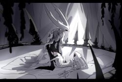 2025 anthro arch_position arched_back armor arthropod arthropod_taur bed bedroom between_legs black_body black_eyes black_fluid black_leaves blush bodily_fluids bottomless breath cape clothed clothing digital_media_(artwork) dramatic_lighting duo father_(lore) father_and_child_(lore) female female_on_top female_penetrated from_front_position furniture genital_fluids grabbing_sheets hi_res hollow_knight_(character) hollow_knight_(franchise) incest_(lore) insect_taur insects kneeling leaf leg_grab looking_up male male/female male_on_bottom male_penetrating male_penetrating_female nonbinary_(lore) nude nude_anthro on_bottom on_top oxide_cat pale_king_(hollow_knight) parent_(lore) parent_and_child_(lore) parent_incest pauldron penetration pure_vessel_(hollow_knight) sex shaded shaking spikes straddling taur team_cherry thigh_grab tremble_lines tremble_spikes trembling vaginal_fluids vaginal_penetration vessel_(species) white_armor white_body white_cape white_clothing white_curtains white_head white_pauldron white_sheets