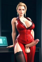 1futa ai_assisted ai_generated balls big_breasts big_penis blonde_hair blue_eyes breasts clothed_futa clothes computer detailed_background dress earrings erect_penis erection final_fantasy final_fantasy_vii futa_focus futa_only futanari labor looking_at_viewer necklace penis penis_out penis_out_of_dress red_dress roro73290 scarlet_(ffvii) smile smiling tights