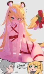 1boy 1girls absurdres animal_ears anonds31 bare_shoulders blonde_hair blush bondage bound breasts christmas collared_shirt colored_inner_hair commentary english_commentary english_text female green_eyes grey_hair grey_shirt highres ju_fufu long_hair looking_at_viewer multicolored_hair naked_ribbon navel open_mouth red_ribbon ribbon ribbon_bondage shirt short_hair small_breasts smile speech_bubble striped_hair tail thighs thought_bubble tiger_ears tiger_girl tiger_tail white_hair wise_(zenless_zone_zero) zenless_zone_zero