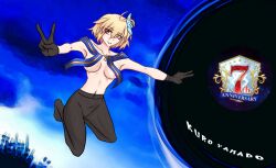 1girls ahoge alternate_version_available arcueid_brunestud black_gloves black_pantyhose blonde_hair blue_ribbon breasts convenient_censoring fate/grand_order fate_(series) floating gloves hair_between_eyes hair_intakes huge_breasts jumping looking_at_viewer midair pantyhose red_eyes ribbon short_hair smile solo_female tsukihime v yamado