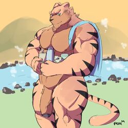 abs drinks felid feline foreskin fur hi_res hill hot_spring male male_only mammal mountain muscular nipples pantherine penis pubes radcanine rock solo steam stripes tiger towel uncircumcised uncut vein water