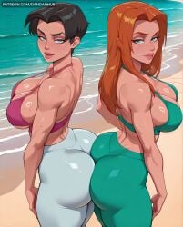 2girls ai_generated anissa ass ass-to-ass atom_eve beach bikini black_hair blue_eyes breasts cleavage dandanhub green_bikini green_eyes huge_ass invincible large_breasts lips long_hair looking_at_viewer multiple_girls ocean orange_hair pants pink_bikini samantha_eve_wilkins short_hair sideboob smile sweat swimsuit thick_thighs thighs tight_pants water yoga_pants