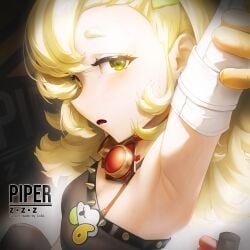 1girls absurdres armpit_focus armpits artist_name black_shirt blonde_hair blush breasts character_name cisl cleavage commentary copyright_name crop_top detached_sleeves earrings english_commentary english_text female female_only from_side gloves goggles goggles_around_neck green_eyes highres jewelry looking_at_viewer open_mouth piper_wheel shirt short_eyebrows small_breasts solo spiked_shirt sweat thick_eyebrows upper_body white_sleeves yellow_gloves zenless_zone_zero