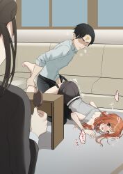 1boy 2girls absurdres arisugawa_natsuha black_hair blush caught clothed_sex commentary_request couch heavy_breathing highres holding_another's_leg ice_cream_bar idolmaster idolmaster_shiny_colors indoors mitsumine_yuika multiple_girls murabito_c nose_blush open_pants orange_hair p-head_producer pants producer_(idolmaster) straight top-down_bottom-up translation_request