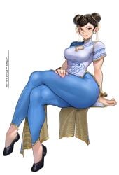 1girls artist_name asymmetrical_sleeves black_shoes blue_pants bracelet breasts brown_hair capcom center_opening china_dress chinese_clothes chun-li chun-li_(street_fighter_6) cleavage commentary crossed_legs curvy double_bun dress earrings english_commentary eyeliner female female_only flats full_body gold_bracelet gold_trim hair_bun hand_on_own_leg invisible_chair jewelry lips luxpineapple makeup multicolored_sleeves pants pants_under_dress red_eyeliner shoes short_hair short_sleeves simple_background sitting smile solo street_fighter street_fighter_6 thick_thighs thighs white_dress wide_hips