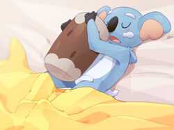 123autumn 1boy armpits bed big_ears blue_fur blush closed_eyes drooling furry hug komala log male male_only nintendo nude on_back open_mouth penis pokemon pokemon_sm saliva sleeping solo testicles tongue video_games white_fur wood