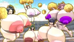 5girls big_breasts breasts cheerleader cheerleader_outfit cheerleader_uniform female female_only gigantic_breasts huge_breasts hyper_ass hyper_breasts kyoka_jiro large_breasts lordscrubart massive_breasts mina_ashido momo_yaoyorozu my_hero_academia nipples nude ochako_uraraka pom_poms tsuyu_asui