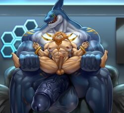 2025 alvintanubis anthro areola arm_markings balls barazoku beard big_balls big_penis black_sclera blue_areola blue_body blue_nipples blue_scales chair chest_markings chest_scar duo dylan_(alvintanubis) facial_hair felid fin fin_scar fish fur furniture genitals golden_markings green_eyes grin hair head_fin hi_res holding_both_legs holding_legs_open huge_balls huge_cock imminent_anal inside larger_anthro larger_male leg_markings leg_scar licking licking_lips lion male male/male mammal mane marine markings multicolored_body multicolored_scales nipple_piercing nipple_ring nipples nude on_chair orange_hair orange_mane pantherine penis piercing pubes ring_piercing scales scar sft shark shoulder_markings shoulder_scar sitting sitting_on_chair size_difference smaller_anthro smaller_male smile spread_legs spreading tan_body tan_fur thigh_markings tongue tongue_out two_tone_body two_tone_scales vein veiny_penis white_body white_scales