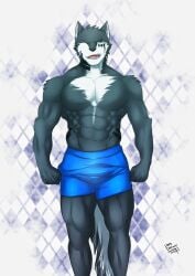 1boy 2d 2d_(artwork) abs almost_naked anthro artist_logo artist_name artist_signature bara black_fur boxers boxers_(clothing) canid canid_humanoid canine canine_humanoid darkdragon563 darky_ryu digital_drawing_(artwork) digital_media_(artwork) face_markings face_tattoo fangs front_view fur furloid furry humanoid looking_at_viewer male male_focus male_only marking_below_eyes markings muscular muscular_anthro muscular_male neck_tattoo pecs simple_background solo solo_focus solo_male tattoo tattoos two-tone_body two-tone_fur utau white_fur wink winking_at_viewer wolf wolf_boy wolf_humanoid