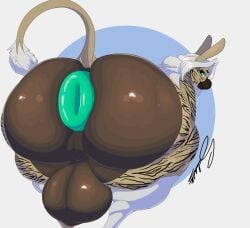 anthro anus ass balls big_anus big_butt brown_body brown_fur el_pudu equid equine fur genitals green_anus green_eyes hair hi_res huge_anus huge_butt male male_only mammal presenting presenting_hindquarters puffy_anus rear_view snout solo tail white_body white_fur white_hair zebra