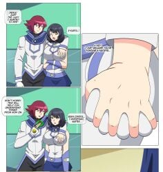 absurdres big_breasts breasts comic dialogue dlobo777 empty_eyes groping groping_breasts huge_breasts hypnosis karyu_ginsora_(saibot) large_breasts maledom original seika_kohinata sexual_assault sexual_harassment source_request speech_bubble text yu-gi-oh! yu-gi-oh!_gx