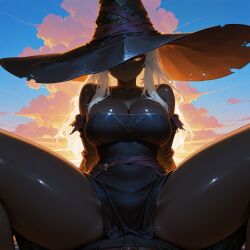 1boy ai_generated backlighting bare_shoulders belt black_dress black_skin breasts cleavage closed_mouth cloud colored_skin covered_navel cowgirl_position dark-skinned_female dark_skin detached_sleeves dress elden_ring elden_ring_nightreign evening glowing hat hat_over_one_eye large_breasts large_hat long_hair looking_at_viewer one_eye_covered outdoors pov recluse_(nightreign) shiny_skin sitting sitting_on_person sky solo_focus spread_legs straddling straight strapless strapless_dress sunset thighs torn_clothes twoderrick very_dark_skin white_hair witch witch_hat yellow_eyes