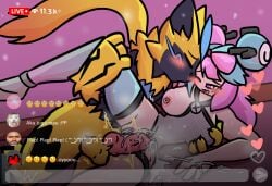 1boy 1girls after_sex animal_genitalia animal_penis anthro balls bodily_fluids breast_grab breast_play breasts chat clothed clothed_female clothed_human clothing clothing_aside cum cum_in_vagina cum_inside cum_on_ground cum_on_leg duo felid female female_on_anthro from_behind_position fur generation_7_pokemon genital_fluids genitals groping_from_behind hair hand_on_breast heart_symbol hi_res human human_on_anthro interspecies iono_(pokemon) kangwolf knot leaking_cum leaking_vagina leg_grab legendary_pokemon light_body light_skin livestream male male/female male_on_human male_pokemon/female_human mammal mismatched_animal_penis mismatched_genitalia mismatched_penis nintendo nude_anthro nude_male penis pink_hair pokemon pokemon_(species) pokephilia sex spoon_position tongue tongue_out yellow_body yellow_fur zeraora