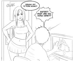 black_and_white drawing redwardeaht siblings watching_porn