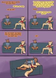 absurd_res anthro briefs canid canine clothing comic deer duo fox furniture hi_res making_out male male/male mammal poro_alska rav_alska ravalska reassuring shirt sofa tank_top tenting text topwear underwear