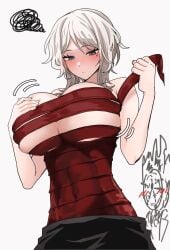 1girls 1other aroused aroused_face big_breasts blue_eyes blush blushing breasts dante_(limbus_company) embarrassed expressionless eyelashes faust_(limbus_company) grabbing grabbing_own_breast limbus_company medium_hair midriff object_head pale-skinned_female pale_skin partially_clothed project_moon roan__green sarashi seoseoyang simple_background white_background white_hair