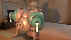 1girls 3d 3d_(artwork) bed belly_button big_breasts blue_nipples breasts_bigger_than_head feet female female_only lactating lactation light-skinned_female lordscrubart mature_female melony_(pokemon) milk naked naked_female nintendo older_female pokemon source_filmmaker tagme