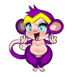 alternate_species barely_visible_genitalia barely_visible_vulva big_ears black_eyes blue_sclera crown double_v_sign female fur furry genitals gesture hair hand_gesture haplorhine head_tuft headgear hi_res mammal monkey monkey_shantae primate purple_body purple_fur purple_hair shantae shantae_(character) solo tan_body tan_skin thick_thighs tiara tuft twixbartrix v_sign vulva wayforward wide_hips