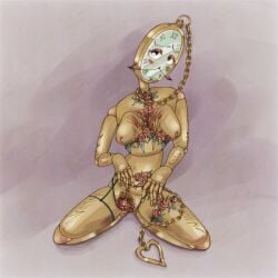 body_hair breasts chains clock_head dandy's_world dyle_(dandy's_world) dyle_timesly feminine_male flowers gold_(metal) kneeling lingerie looking_at_viewer object_head spread_legs tdick vagina
