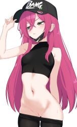 1girl absurdres bare_arms bare_shoulders baseball_cap black_hat black_leggings black_shirt black_survival blush bottomless breasts cleft_of_venus clothes_pull commentary_request crop_top eternal_return:_black_survival frown green_eyes groin hair_between_eyes hand_on_headwear hand_up hat highres korean_commentary leggings leggings_pull long_hair looking_to_the_side mask mask_pull medium_breasts mirka_(black_survival) mouth_mask navel oldsickkim pants pants_pull parted_lips pink_hair pussy pussy_juice shirt simple_background sleeveless sleeveless_shirt solo stomach sweat uncensored upper_body v-shaped_eyebrows very_long_hair white_background