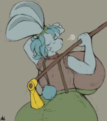 1girls anthro ass aurusumbra behind_view big_ass big_breasts big_butt blue_body blue_fur blue_hair breasts clothing curvy don't_starve don't_starve_together exhausted female furry hoe huff huge_ass huge_breasts huge_butt pants rabbit_tail smile solo straps suspenders sweater tail whispy_the_agricultured