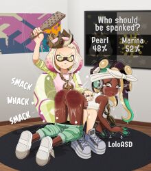 2girls anus ass bandana blush bruised_ass chain_necklace crown crying crying_with_eyes_open dark-skinned_female dark_skin female female_only headphones inkling jeans loloasd marina_(splatoon) mole_under_mouth octoling paddle pants_down pearl_(splatoon) pussy sneakers spanking splatfest splatoon splatoon_(series) splatoon_2 tears white_shirt