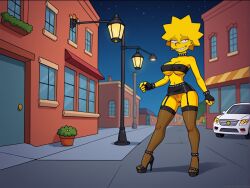 ai_generated choker edit fingerless_gloves garter_straps lisa_simpson miniskirt night_sky nighttime no_panties public_exposure sexy sexy_pose slutty_female spiked_bracelet spiked_collar stockings the_simpsons tubetop