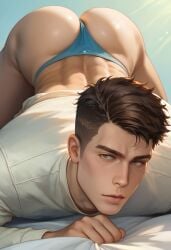 ai_generated arched_back ass back bedsheets big_ass big_butt blue_panties blue_thong boy brown_hair bubble_ass bubble_butt hazel_eyes looking_at_viewer male panties plump_ass pov round_ass round_butt sheet_grab shirt solo tallcallipygian tcallipygian thick_thighs thighs thong top-down_bottom-up underwear white_shirt