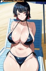 ai_art ai_generated anime_style beach beach_chair bikini black_bikini black_hair choker cleavage digital_media ellen_joe gigantic_breasts highres huge_breasts large_breasts looking_at_viewer micro_bikini outdoors red_eyes sand shark_girl shark_teeth short_hair sitting smile stable_diffusion sunny swimwear thick_thighs wide_hips zadbhell zenless_zone_zero zzz