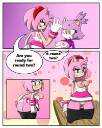 2girls amy_rose anthro blaze_the_cat blush breasts comic dialogue duo english_text feline female female_only fur furry green_eyes hedgehog mammal mario_and_sonic_at_the_olympic_games navel nipples part_of_a_set pink_fur pink_hair purple_fur pussy raised_shirt sandunky sega skirt sonic_(series) sonic_the_hedgehog_(series) sports_uniform sportswear tagme text undressing yellow_eyes yuri