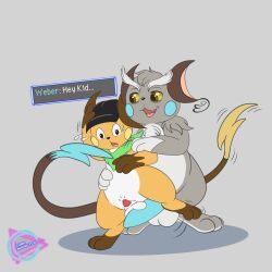 age_difference anthro aroused balls clothing daddy_kink eye_bags eyebrows flirting flirting_look generation_1_pokemon genitals half-erect hat headgear headwear hi_res inviting_to_sex lunamuenster male male/male nintendo older_male penis penis_size_difference pokemon pokemon_(species) pokemon_mystery_dungeon raichu scarf size_difference speech_bubble spike_chunsoft surprised text thick_eyebrows weber_(lunamuenster)