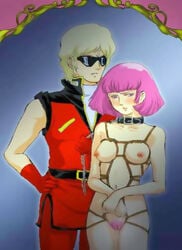 1girls artist_request blue_eyes blush bondage breasts char_aznable collar curvaceous female gundam haman_karn human large_breasts light-skinned_female light_skin male nipples nude pink_hair pubic_hair pussy quattro_vageena rope short_hair villainess zeta_gundam