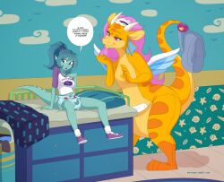 backpack changing_table clean_diaper dialogue diaper dragon embarrassed english_text infantilism looking_away merfolk merunyaa pacifier pouch_(anatomy) wearing_diaper