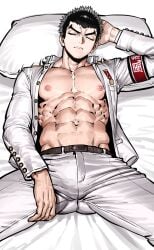 1boy abs ass bara bed belly_button biceps black_hair bottomwear bulge chibitake140 closed_eyes danganronpa kiyotaka_ishimaru male male_focus male_only muscular muscular_male nipples open_shirt pecs serious sleeping spread_legs thick_eyebrows tight_clothing tight_pants