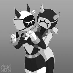 ! 2girls belt breasts diexdi fangcha_(illusion_carnival) fangcheng_(illusion_carnival) grabbing_another's_breast grabbing_breasts grabbing_from_behind greyscale groping horns illusion_carnival mask medium_breasts monochrome navel necktie yuri