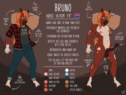 animal_genitalia animal_penis anthro bisexual_pride_colors blue_eyes bodily_fluids bottomwear brown_body bruno_(espressothegoat) burlap_sack carrying_another clothing color_swatch cuffed_jeans denim denim_bottomwear denim_clothing english_text equid equine equine_genitalia equine_penis espressothegoat flat_colors genital_fluids genitals hair hi_res hooves horse jeans leaking_precum lgbt_pride male mammal mane mane_hair medial_ring model_sheet muscular muscular_male nipples nude_male off/on orange_hair orange_tail pants penis precum pride_colors red_flannel shirt shoulder_carry solo t-shirt tail tail_wraps tan_chest text topwear wraps