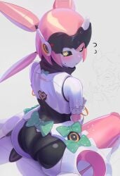 1girls absurdres angels_of_delusion anonds31 aria_(zenless_zone_zero) aria_(zenless_zone_zero)_(robot_form) ass back black_sclera blush bow breasts colored_sclera cropped_shirt female female_only flying_sweatdrops frills green_eyes headpiece headset highres long_hair looking_at_viewer looking_back pink_hair pink_thighhighs quad_tails robot_girl shirt single_thighhigh small_breasts thighhighs thighs white_shirt zenless_zone_zero