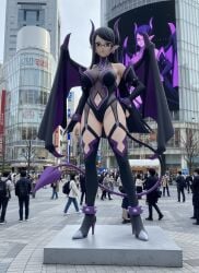 6+boys ai_generated anklet armlet bag bare_shoulders billboard black-framed_eyewear black_footwear black_gloves black_hair black_leotard boots bracelet breasts bridal_gauntlets building city cleavage closed_mouth clothing clothing_cutout collar crosswalk crowd demon_girl demon_horns demon_tail demon_wings earrings elbow_gloves eyewear female full_body garter_straps giantess glasses gloves hand_on_own_hip high_heel_boots high_heels horns jewelry large_breasts leotard long_hair looking_at_viewer lv2_kara_cheat_datta_motoyuusha_kouho_no_mattari_isekai_life navel navel_cutout outdoors photo_background phufun pointy_ears purple_eyes real_world_location rectangular_eyewear road see-through semi-rimless_eyewear sky skyscraper solo_focus spiked_bracelet spikes standing street tail thigh_boots thighhighs tokyo_(city) tree under-rim_eyewear wings