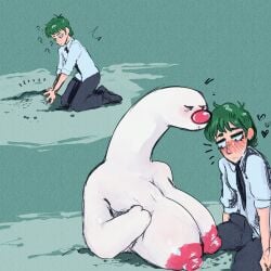 2026 anthro areola big_breasts big_nipples black_bottomwear black_clothing black_eyebrows black_eyes black_footwear black_necktie black_pants black_shoes bodily_fluids bottomwear breasts bulge closed_frown clothed clothed/nude clothed_human clothed_male clothing collared_shirt confusion currentlytr_ash dress_shirt duo erection erection_under_clothing eyebrows eyelashes female female_anthro footwear freckled_face freckles frown generation_9_pokemon genital_fluids green_hair hair heart_symbol hearts_around_head hi_res huge_breasts human human_on_anthro interspecies kneeling long_neck looking_at_breasts looking_down looking_down_at_breasts male male/female male_human mammal mitten_hands mouth_closed necktie nintendo nipple_dip nipples nude nude_anthro nude_female pants pink_areola pink_nipples pink_nose pokemon pokemon_(species) pokemorph precum question_mark rolled_up_sleeves sequence shirt short_hair slacks sweat sweaty_face topwear white_body white_clothing white_dress_shirt white_shirt white_topwear wiglett