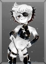 big_head big_penis eyepatch heart-shaped_pupils hi_res in_stars_and_time kaotickeiran latex_clothing looking_at_viewer male_only naughtykeiran nonbinary precum presenting_penis siffrin_(in_stars_and_time) signature smile twink white_hair young