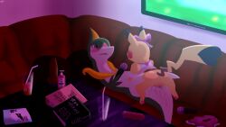 absurd_res anus blush bodily_fluids clothed clothing cosplay_pikachu_(character) cosplay_pikachu_(costume) dildo duo female female/female feral furfrou generation_1_pokemon generation_5_pokemon generation_6_pokemon genital_fluids genitals hi_res jackerwobb karaoke karaoke_bar knot lube nintendo partially_clothed pikachu pikachu_pop_star pokemon pokemon_(species) saliva servine sex sex_toy tribadism vaginal_fluids vaginal_penetration vibrator vulva