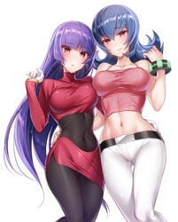 2girls akira_(natsumemo) alternate_breast_size bare_shoulders belt big_breasts bracelet breasts cleavage clothed covered_navel dual_persona eyelashes female female_only fully_clothed gloves gym_leader hand_on_hips hime_cut human large_breasts long_hair looking_at_viewer midriff multiple_girls navel nintendo open_mouth pants pokemon pokemon_frlg pokemon_hgss purple_hair red_eyes sabrina_(pokemon) sabrina_(pokemon_frlg) sabrina_(pokemon_hgss) see-through shirt skin_tight skirt smile standing tank_top thigh_gap tongue white_background