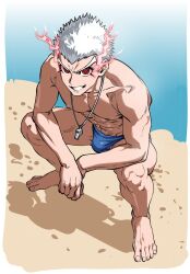 -up 1boy abs ass balls_bulge bara beach bed biceps black_hair bottomwear bulge chibitake140 danganronpa danganronpa_s:_ultimate_summer_camp feet kiyondo_ishida kiyotaka_ishimaru male male_focus male_only muscular muscular_male sand smiling speedo swimsuit swimwear thick_eyebrows thick_thighs tight_clothing toes water
