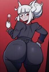 1girls ai ai_generated ass_focus back_view behind_view big_ass big_butt bubble_ass bubble_butt bwl_(style) female female_focus female_only helltaker looking_at_viewer lucifer_(helltaker) novelai solo thick_thighs