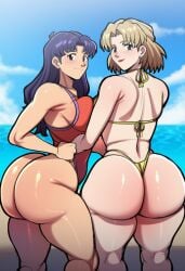 ai_assisted ai_generated akagi_ritsuko beach_background big_ass bikini blonde_hair brown_eyes female female_focus female_only green_eyes katsuragi_misato light-skinned_female misato_katsuragi neon_genesis_evangelion neopn_genesis_evangelion purple_hair ritsuko_akagi round_butt seasonedcum simple_background swimsuit water white_skin wide_hips woman_only
