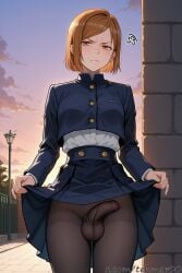 1boy ai_generated bangs black_pantyhose blush brick_wall brown_eyes brown_hair bulge closed_mouth cloud erection femboy fence genderswap_(ftm) high-waist_skirt jacket jujutsu_kaisen kugisaki_nobara lifted_by_self long_sleeves looking_at_viewer male no_panties nobara_kugisaki outdoors pantyhose penis rule_63 school_uniform skirt skirt_lift sky solo standing sunset tagme tehmar testicles trans_woman transfem trap