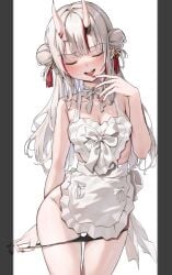 1girls black_panties blush cleavage female hololive hololive_japan naked_apron nakiri_ayame oni oni_female oni_horns petite pulling_down_panties small_breasts solo streaked_hair virtual_youtuber vtuber white_hair