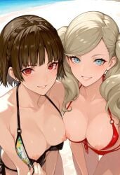2girls ai_generated ann_takamaki beach bikini bmoso breasts_squeezed_together cleavage exposed_breasts flashing_breasts leaning_forward looking_at_viewer makoto_niijima nipples persona persona_5 side_by_side smiling smiling_at_viewer
